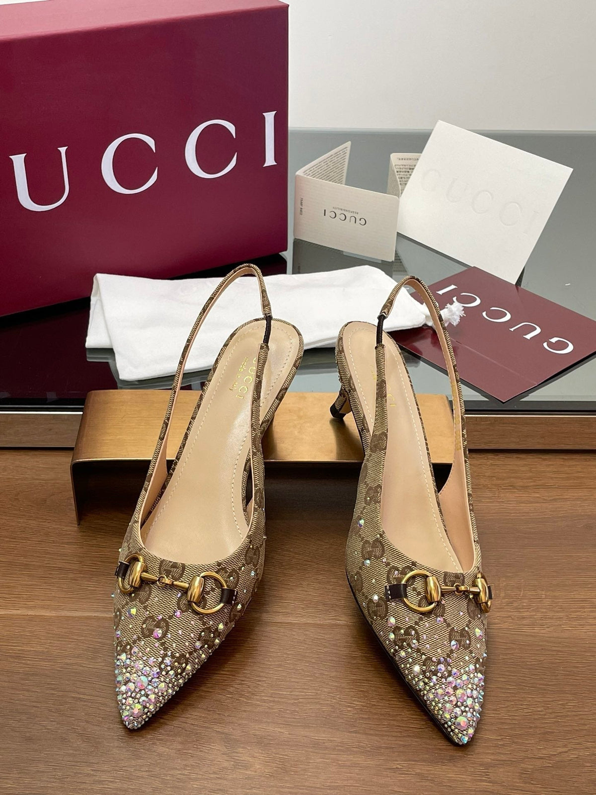 GG Horsebit Slingback 45MM Beige Ebony Monogram Canvas Point Toe Crystal-Embellished