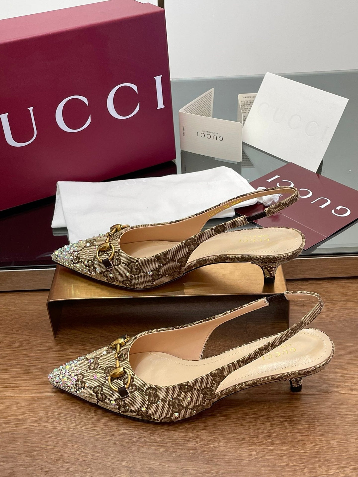 GG Horsebit Slingback 45MM Beige Ebony Monogram Canvas Point Toe Crystal-Embellished