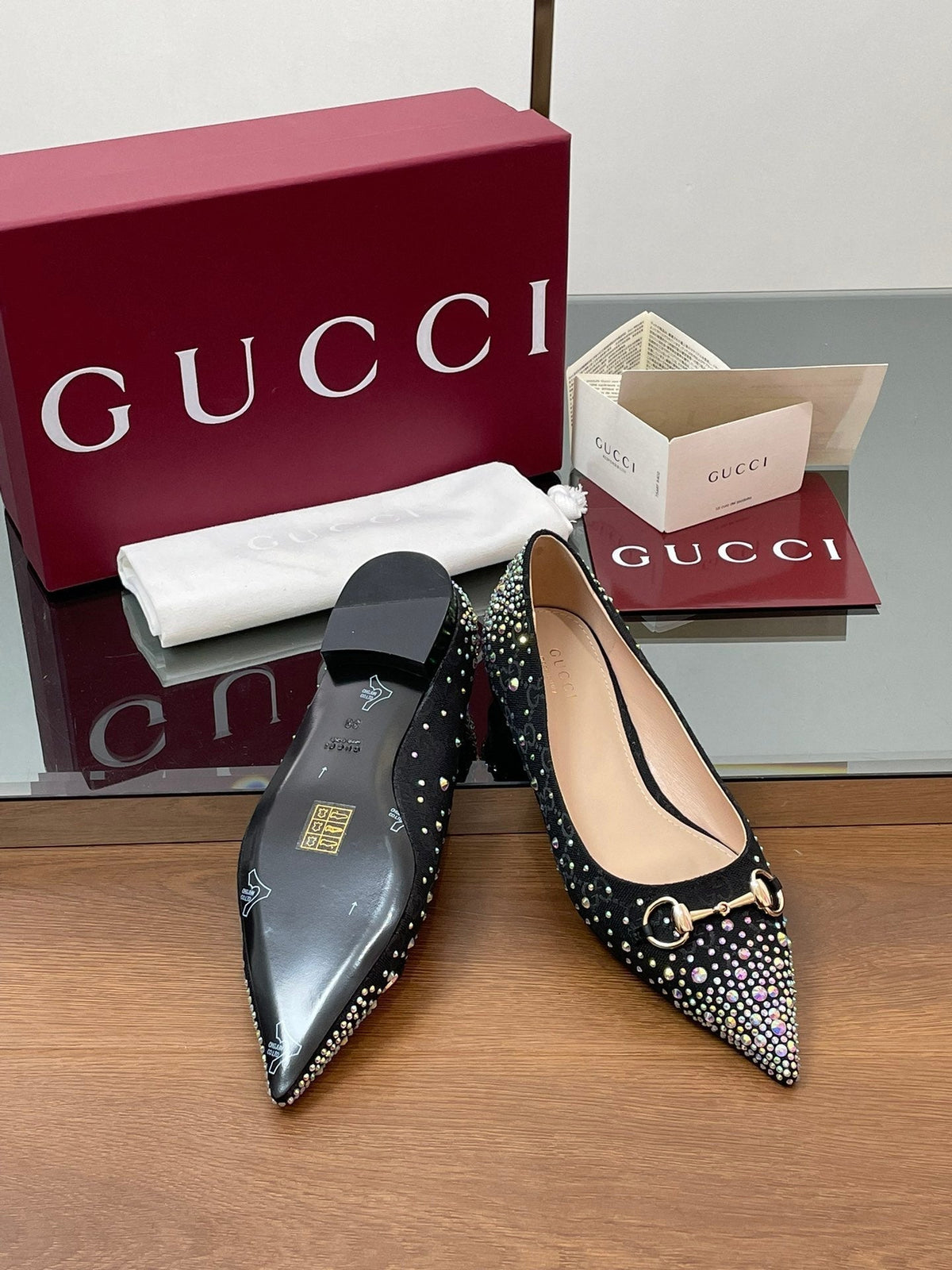GG Horsebit Ballet Flat Black Ebony Monogram Canvas Crystal-Embellished