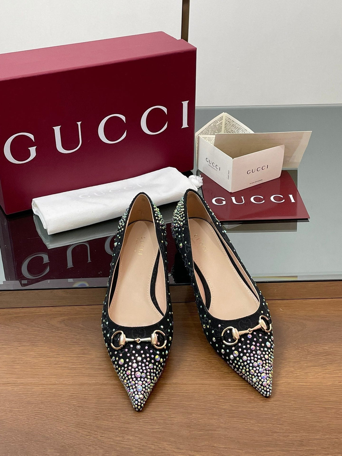 GG Horsebit Ballet Flat Black Ebony Monogram Canvas Crystal-Embellished