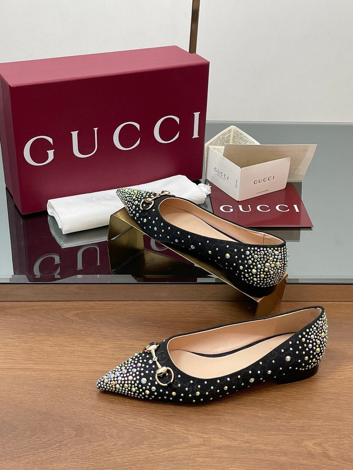 GG Horsebit Ballet Flat Black Ebony Monogram Canvas Crystal-Embellished