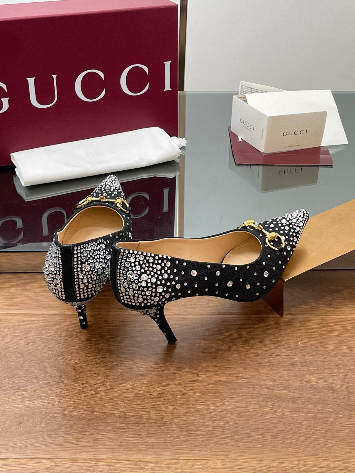 GG Horsebit Pump 85 Black Ebony Monogram Canvas Crystal-Embellished