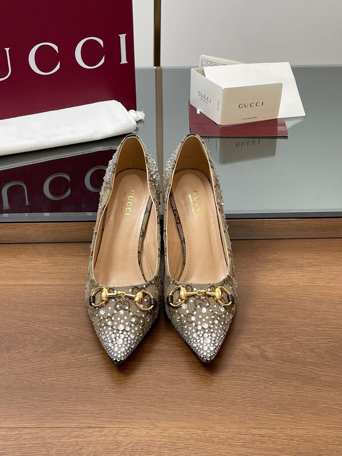 GG Horsebit Pump 85 Beige Ebony Monogram Canvas Crystal-Embellished