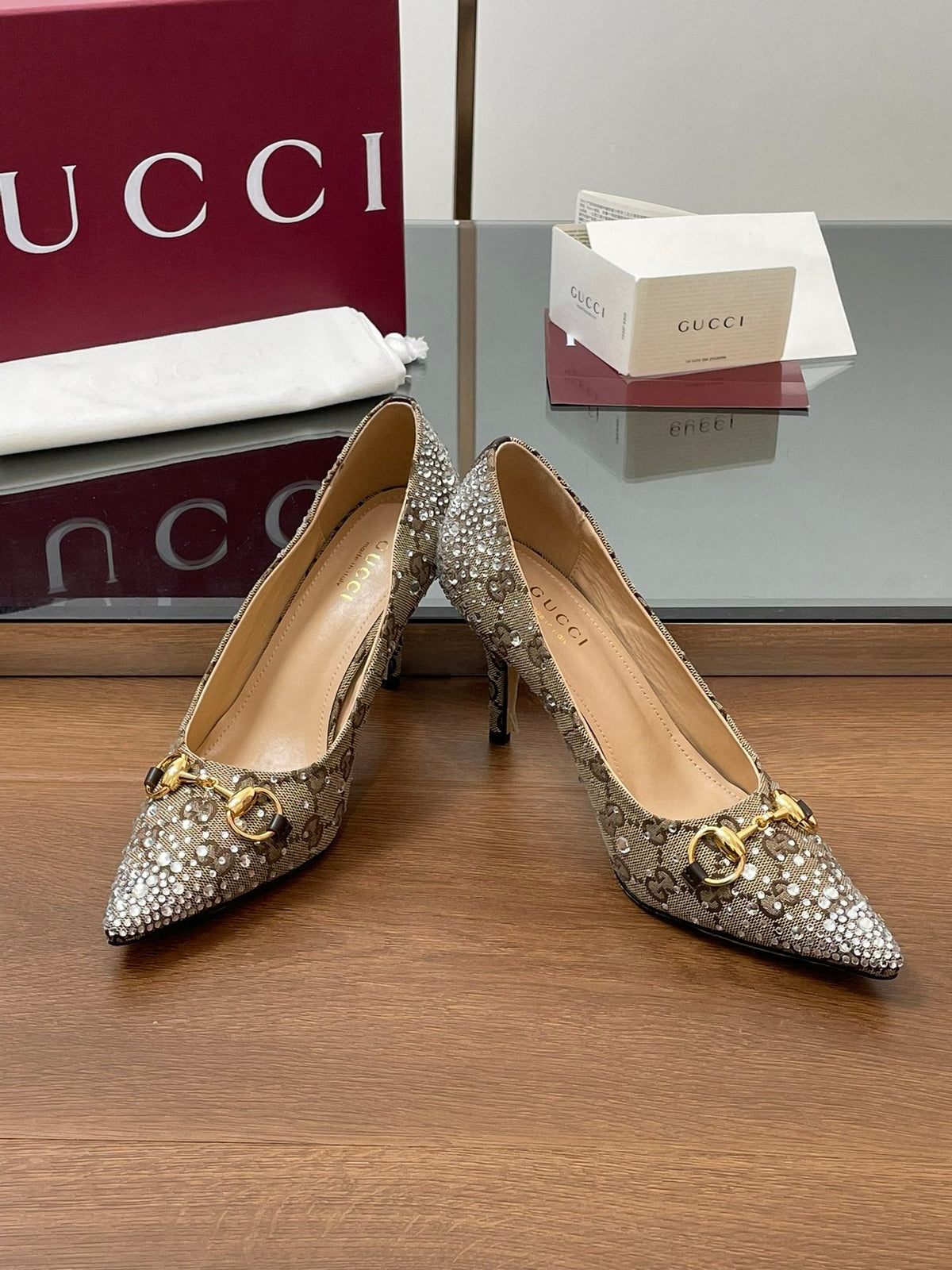 GG Horsebit Pump 85 Beige Ebony Monogram Canvas Crystal-Embellished