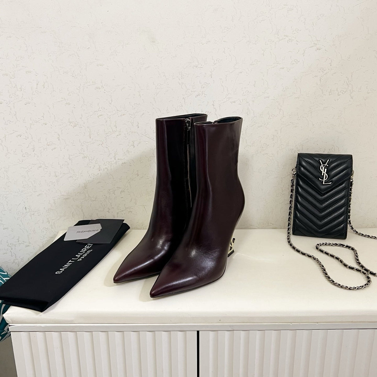 YSL 2025 Logo Metal Heel Ankle Boot Dark Burgundy Cowhide 575002