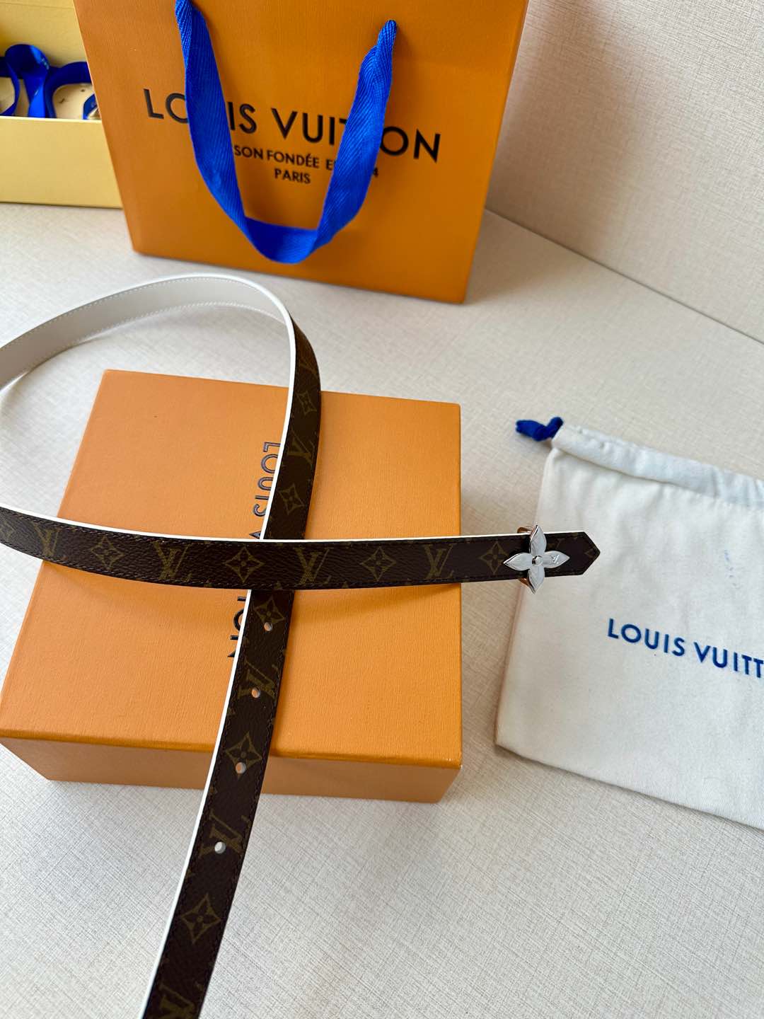 LV Flowergram 20mm Reversible Belt White Brown Calfskin