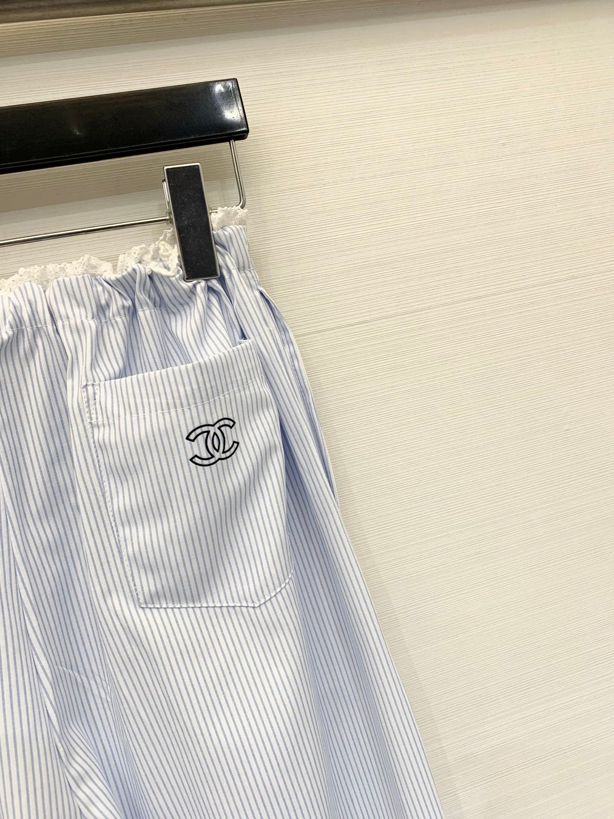 Chanel 2026 Striped Lace-trimmed Trouser Light Blue Cotton