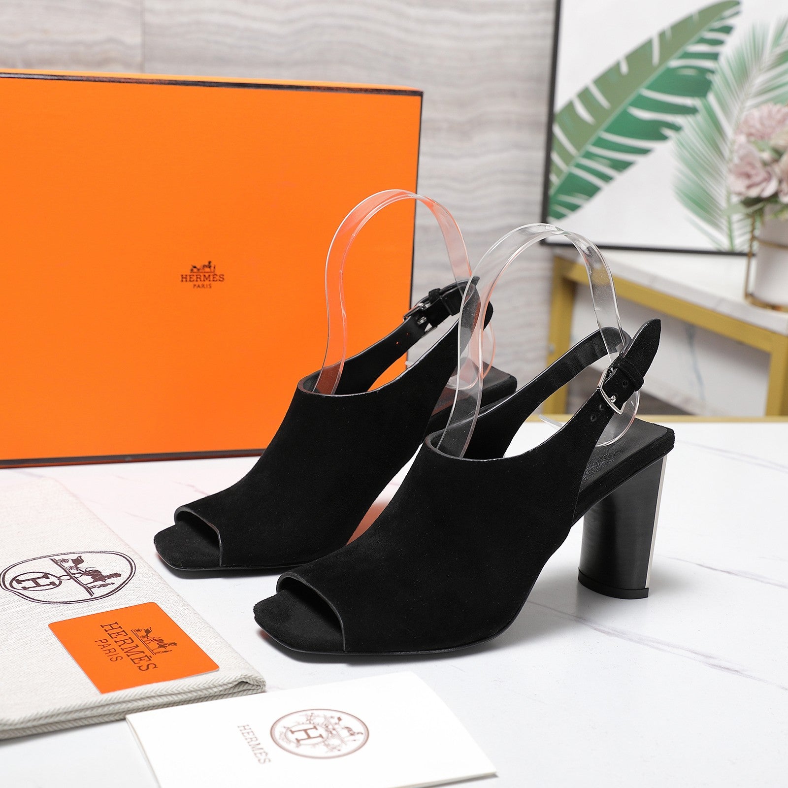 HM 26ss Peep-Toe Sandals 80 Black Suede 601243