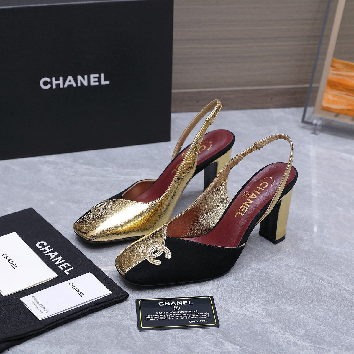 Chanel 2026 High-Heeled Slingback 85mm Black Gold Suede Leather 758409