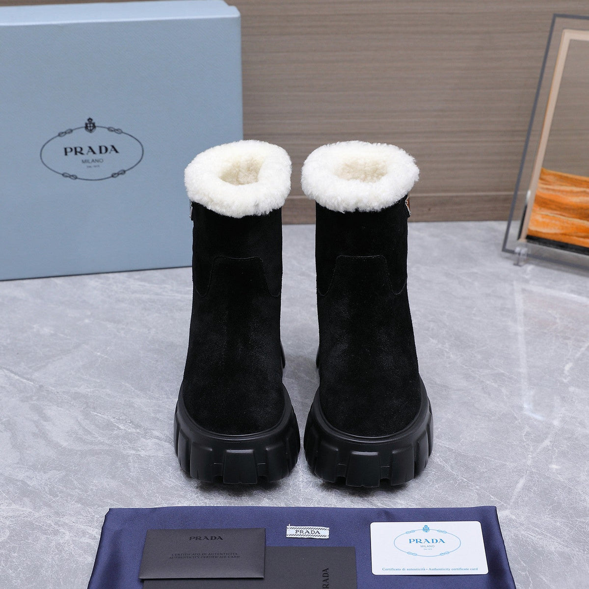 Prada 2026 Platform Ankle Boots 65mm Suede Wool 170757
