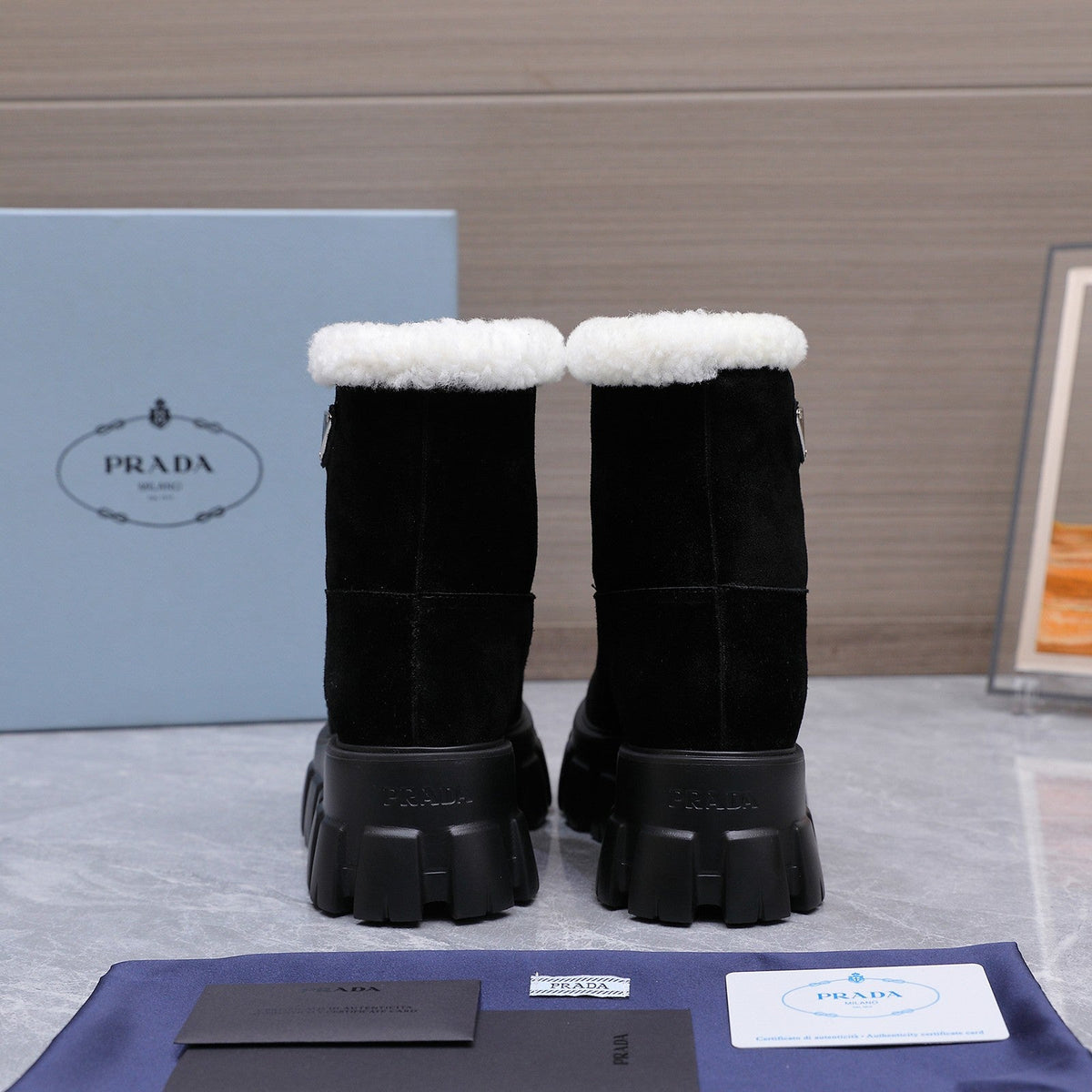 Prada 2026 Platform Ankle Boots 65mm Suede Wool 170757