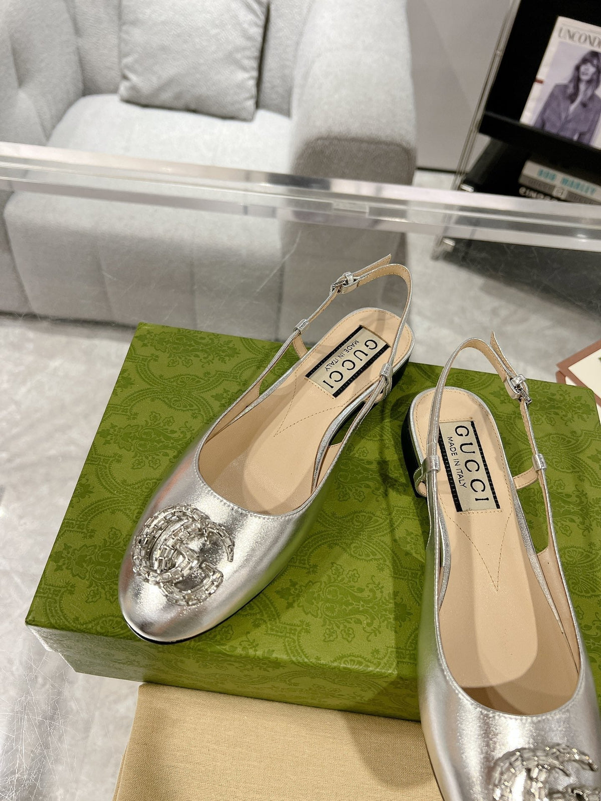 GG CRYSTALS SLINGBACK BALLET SILVER CALFSKIN