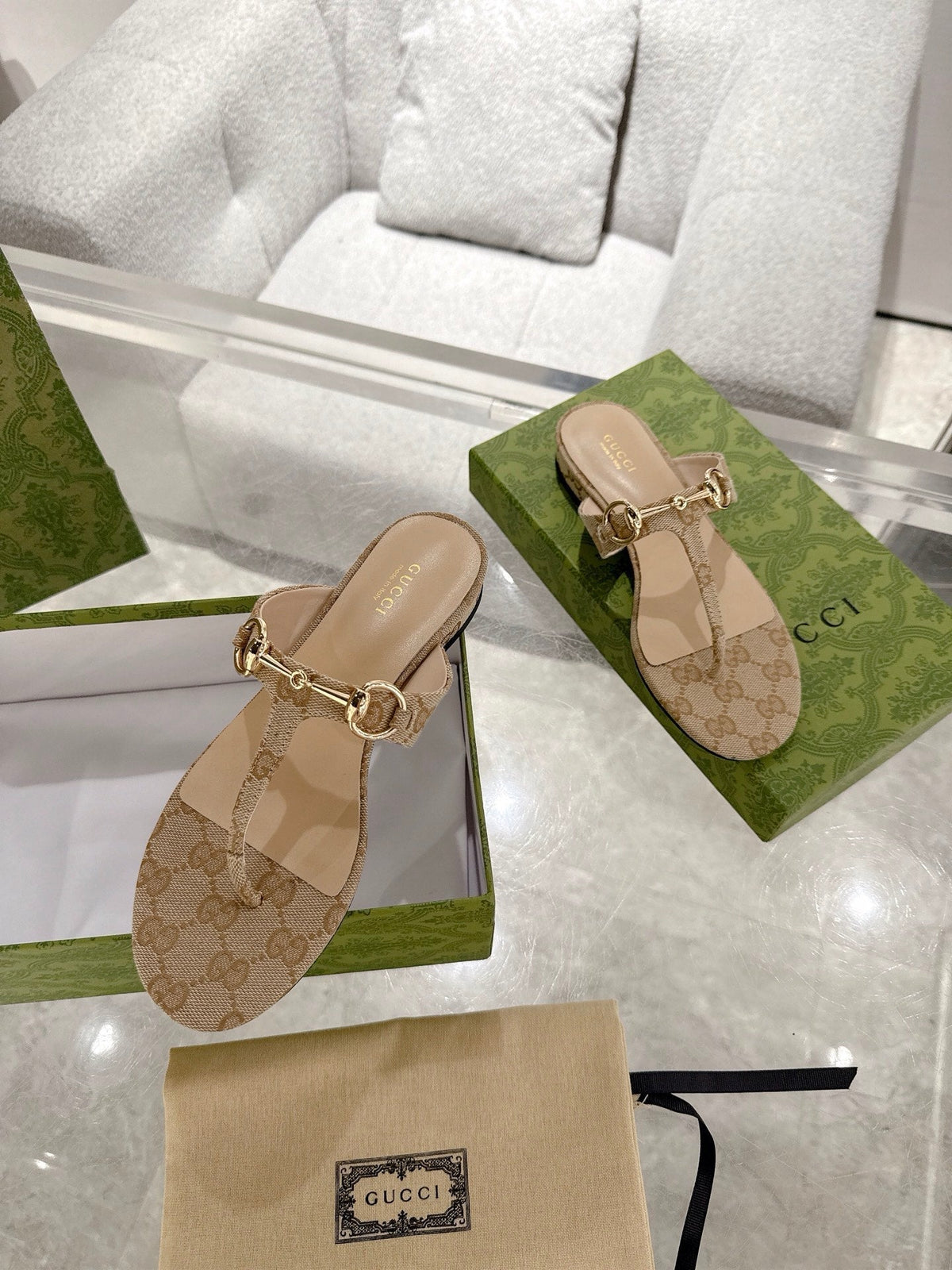 GC Horsebit Thong Sandals Beige Canvas Leather 292475