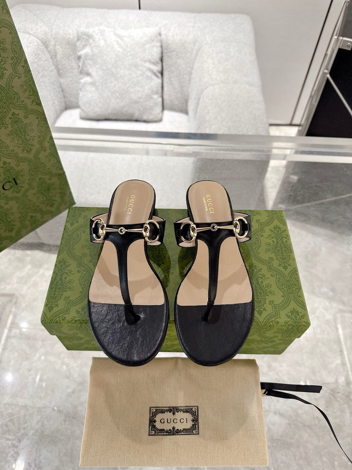 GC Horsebit Thong Sandals Black Leather 292477