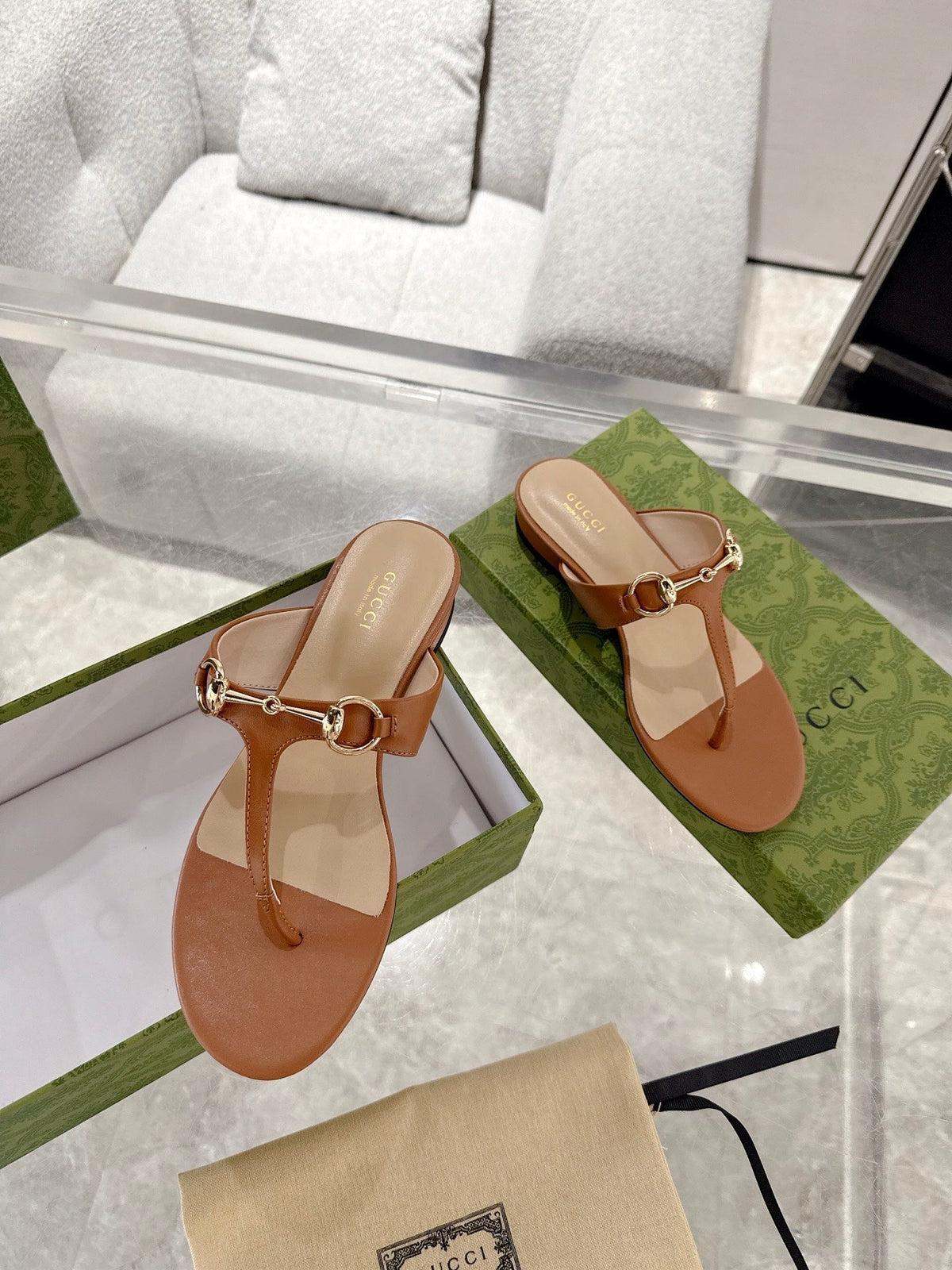 GC Horsebit Thong Sandals Brown Leather 292478