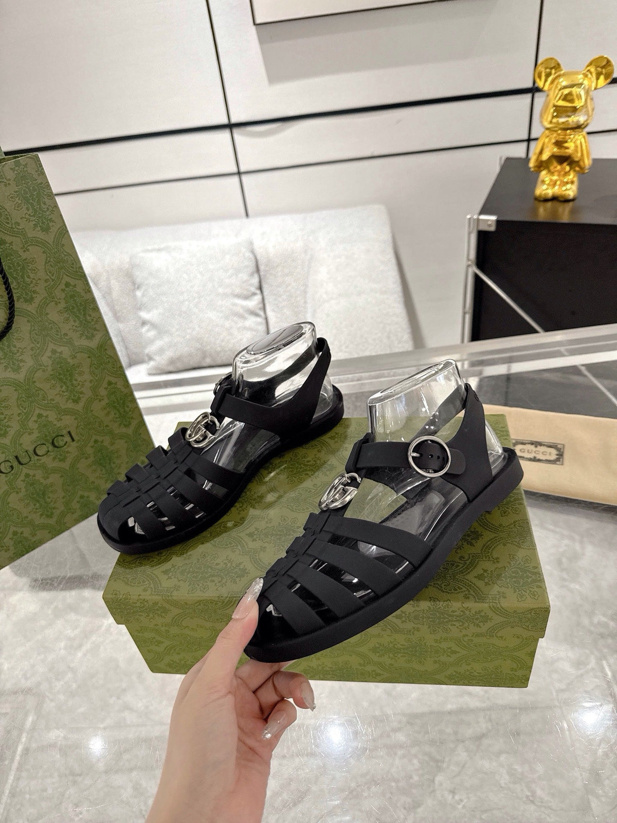 GC 25 Silver Double G Sandal Black Rubber 292433