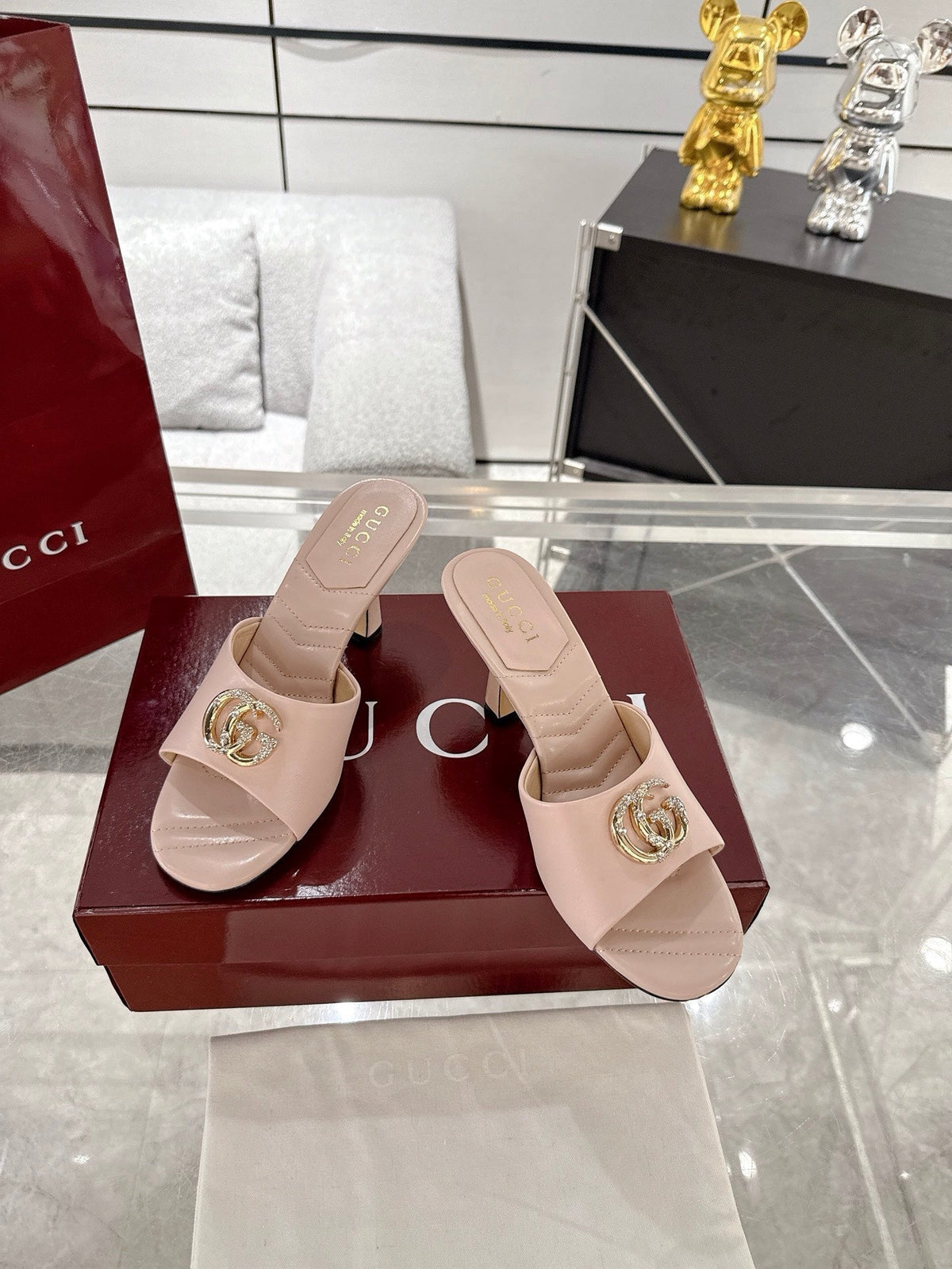 GC 2025 Double G High Heel Sandals Pink Sheepskin 292471