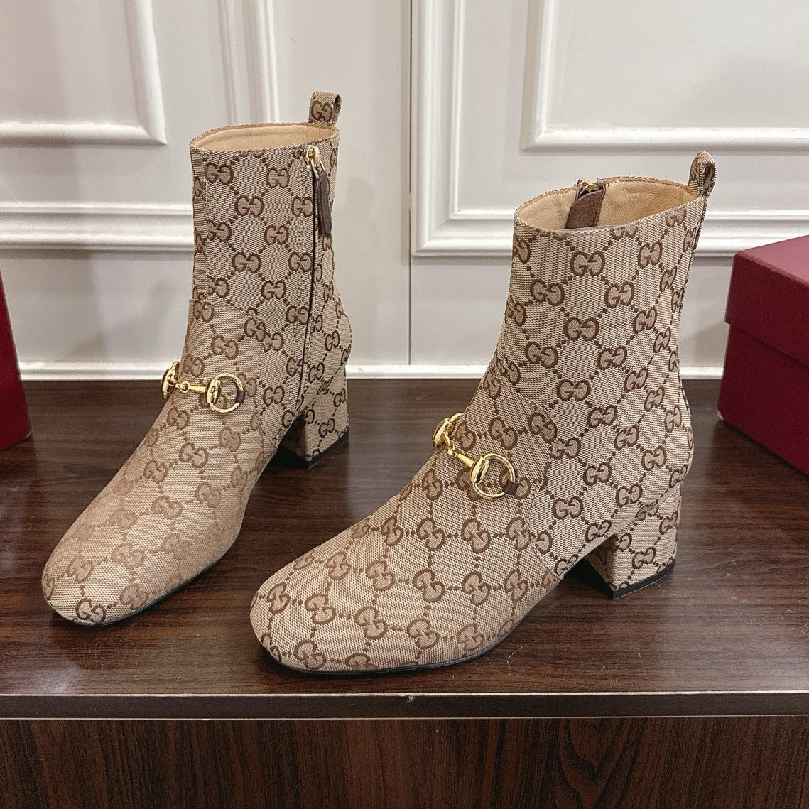 Gucci Horsebit Chunky Heel Ankle Boots Brown Beige Cowhide Fabric 490559