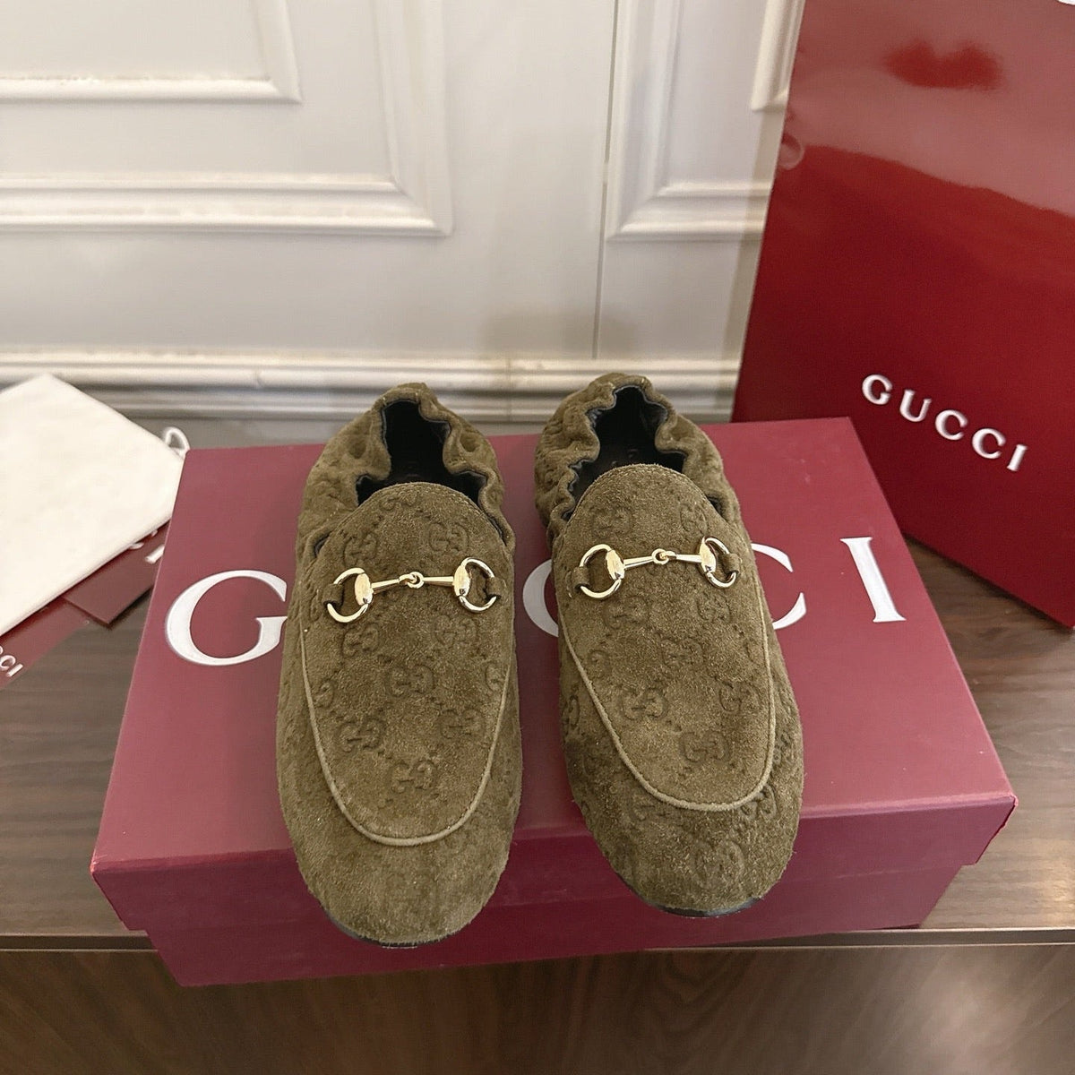 GG 26SS Loafers Olive Green Monogram Suede Leather 645960