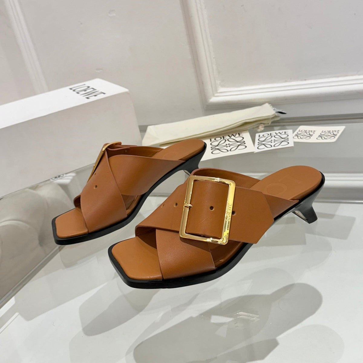 Loewe Petal Belt Mule Mahogany Brown Cowhide