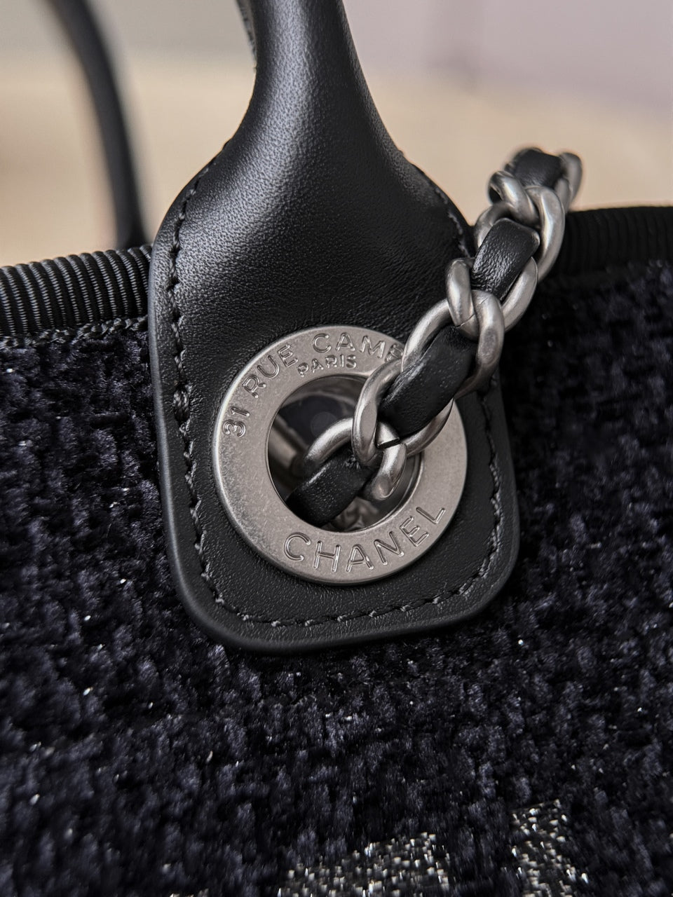 Chanel 2026 Mini Deauville Tote Bag 24cm Black Wool Leather Canvas