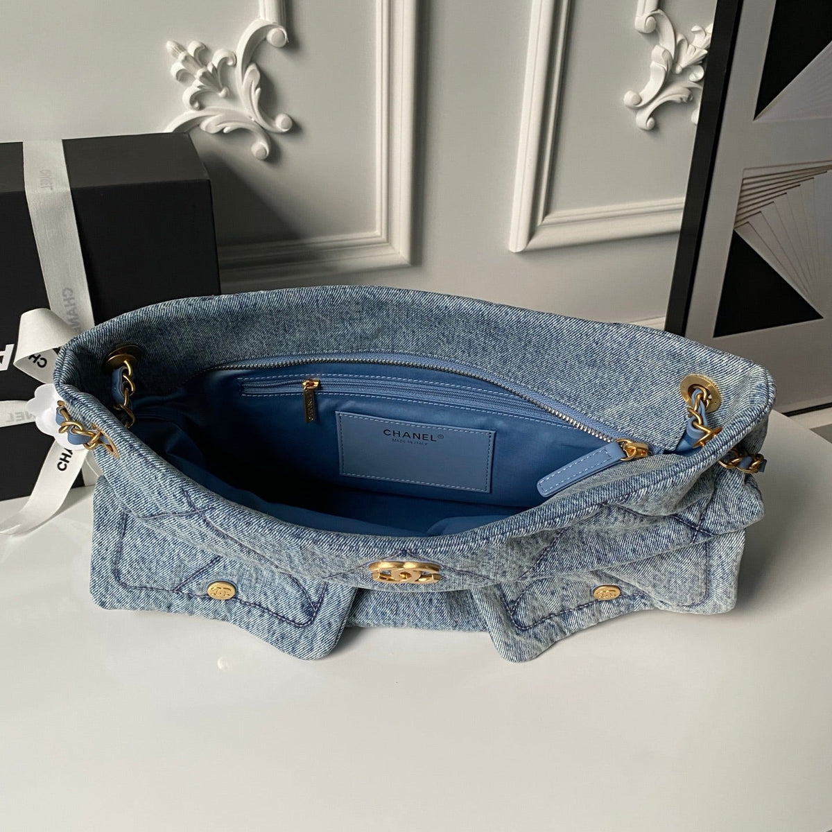 CC 2025 Classic Flap Bag Blue Denim Fabric Gold Hardware 296416