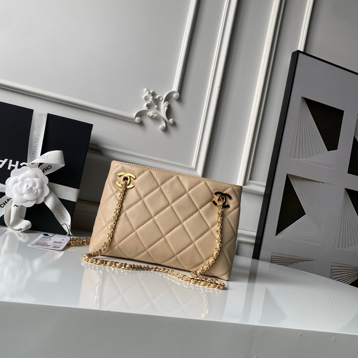 Chanel 2026 Small Shopping Tote Bag Black 24.5cm Beige Lambskin 348255