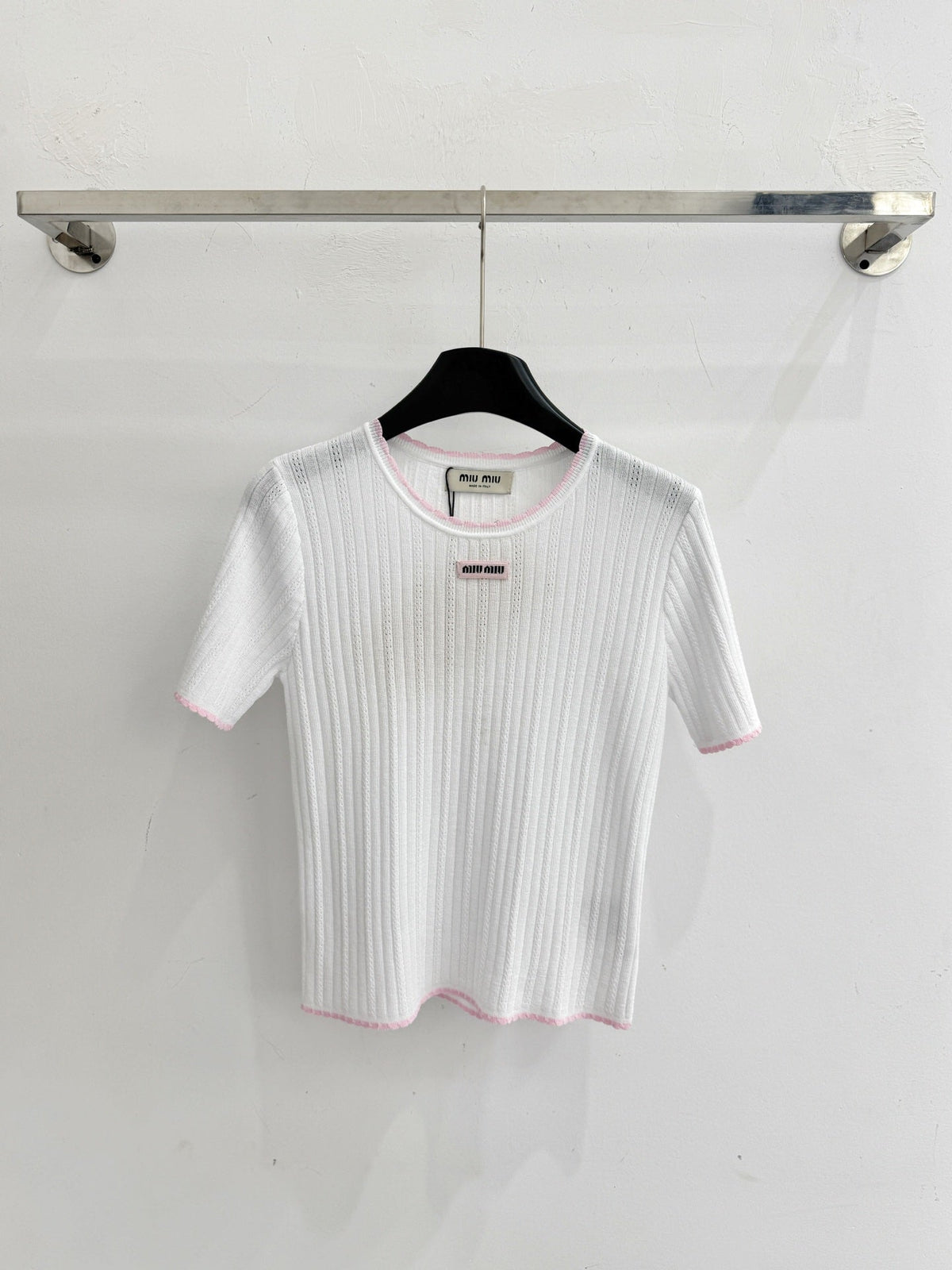 Miumiu 2026 Pink-trimmed Knit Short-sleeved Top Tencel Nylon 179459