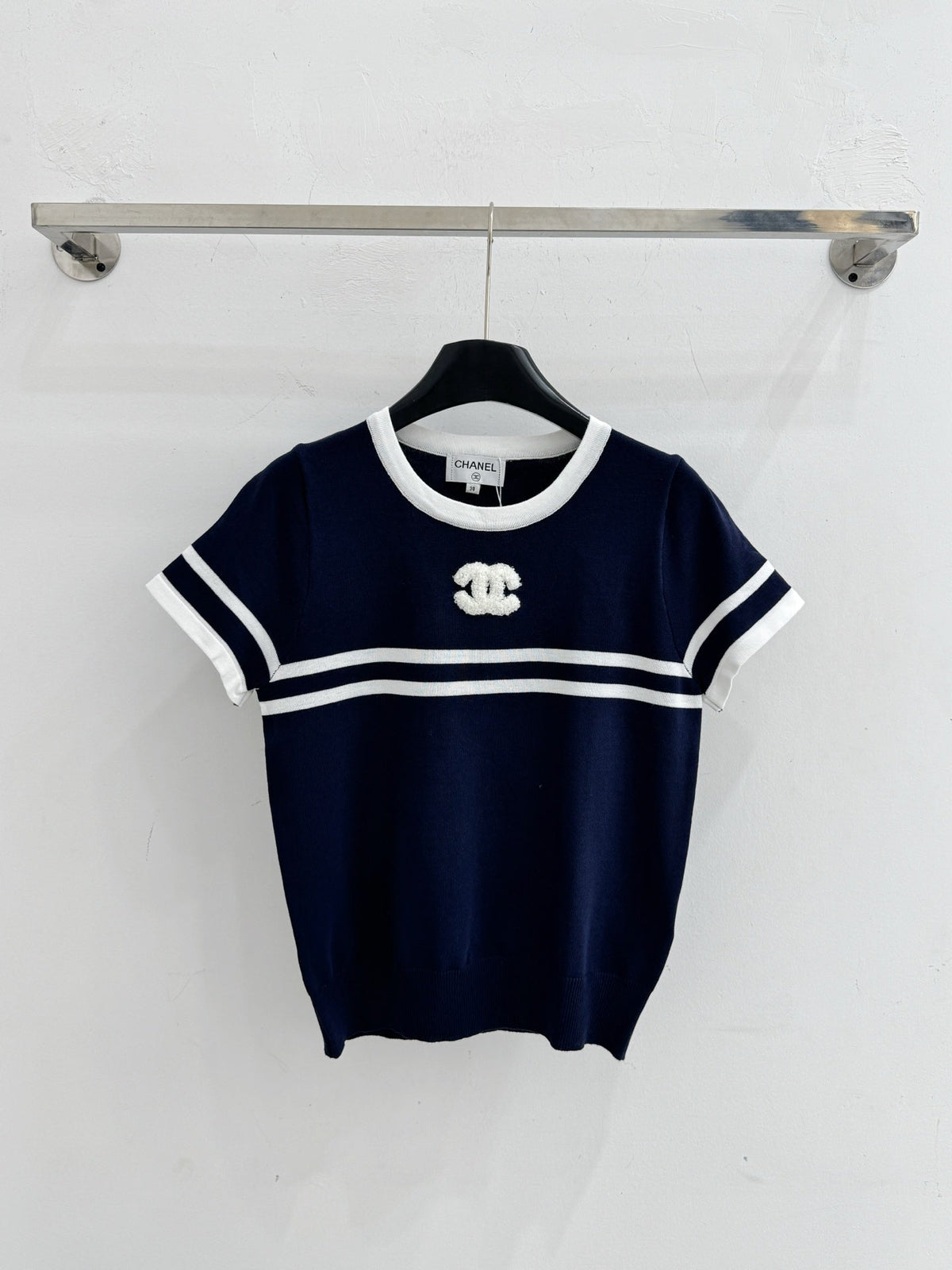 Chanel 2026 Striped Short-Sleeve Knit Top Wool Cashmere 516694