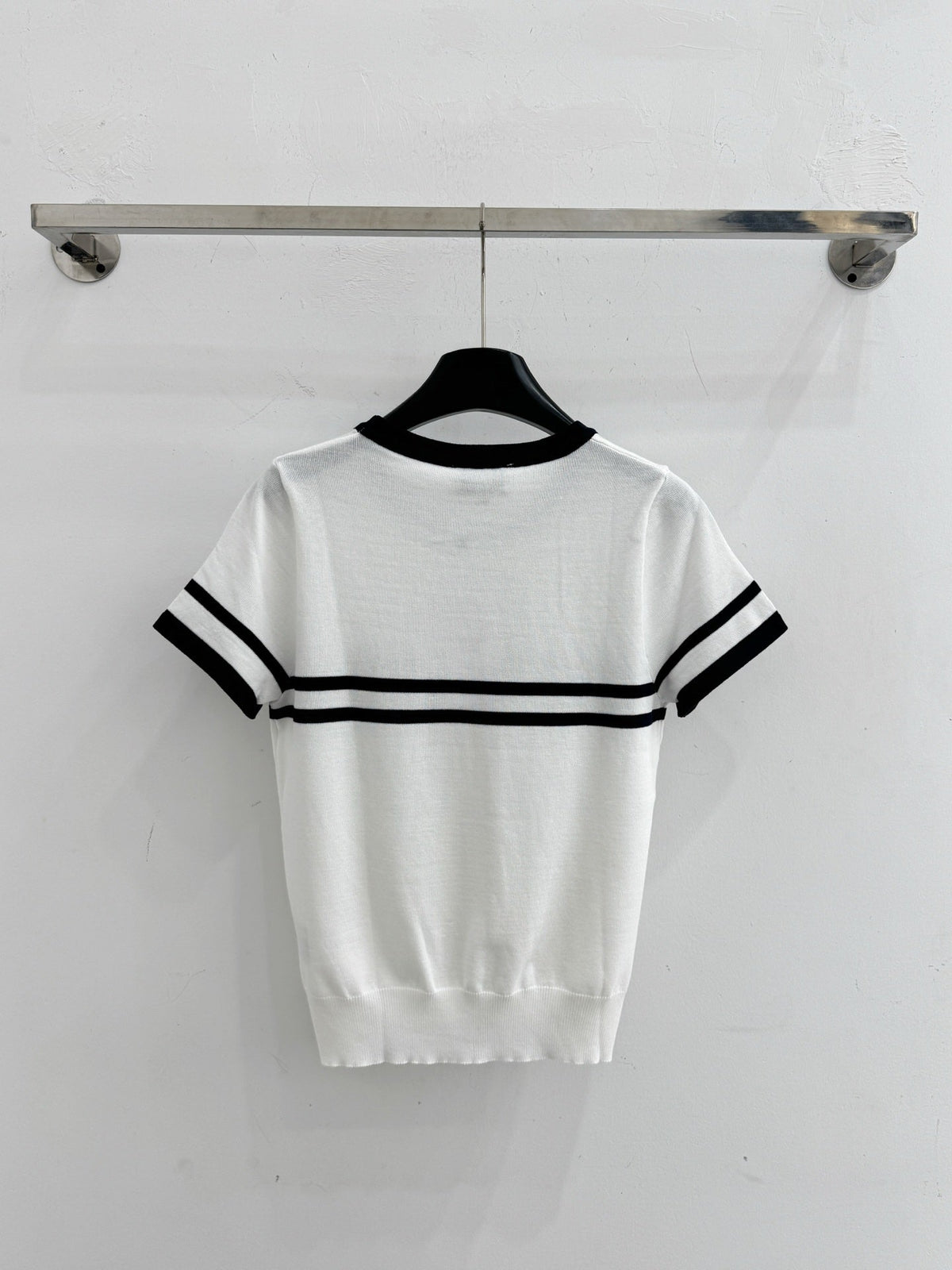 Chanel 2026 Striped Short-Sleeve Knit Top Wool Cashmere 516694