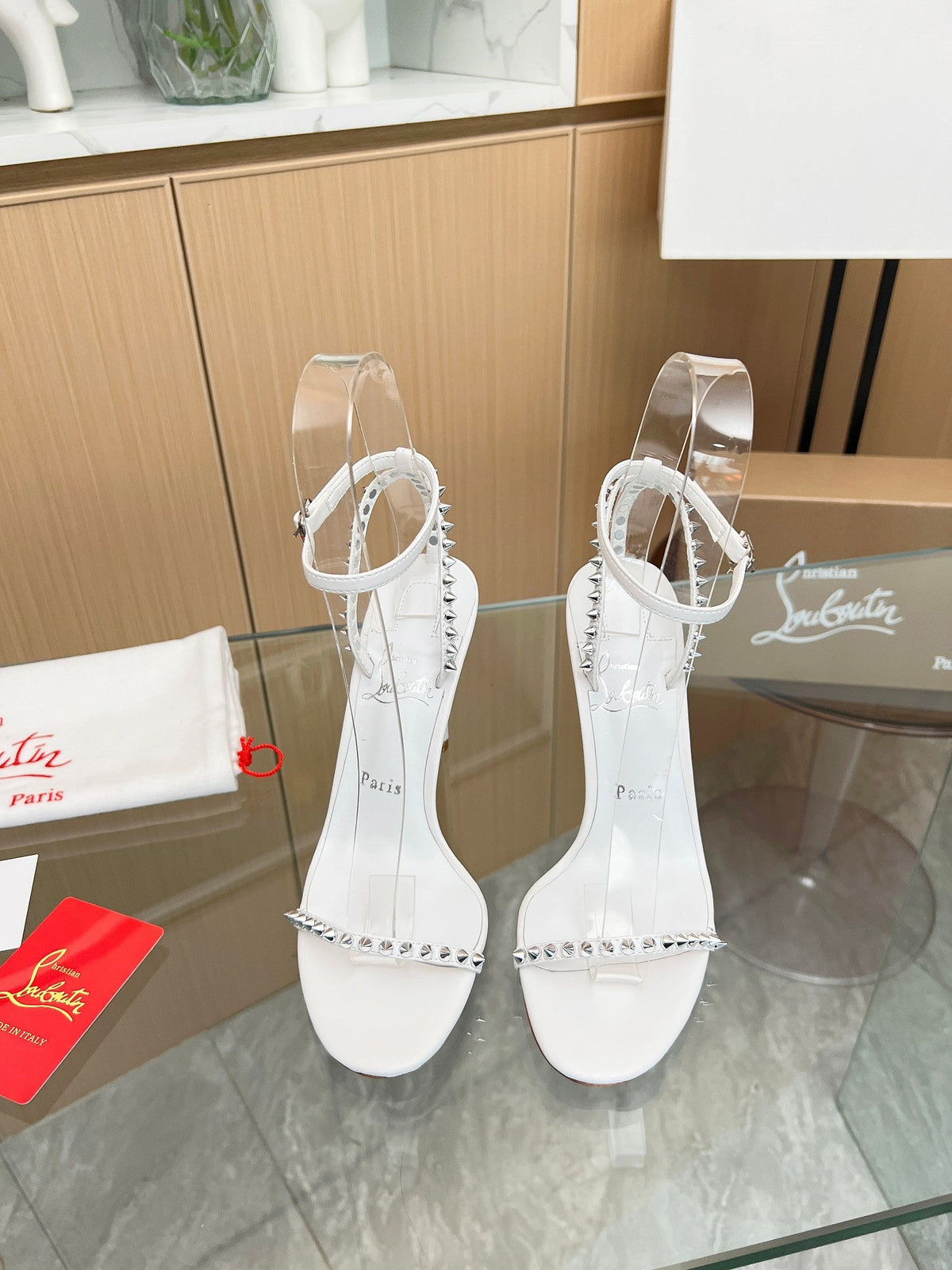 CL So Me 105 mm Strappy Sandal White Imported Rivets with Sheepskin 251018