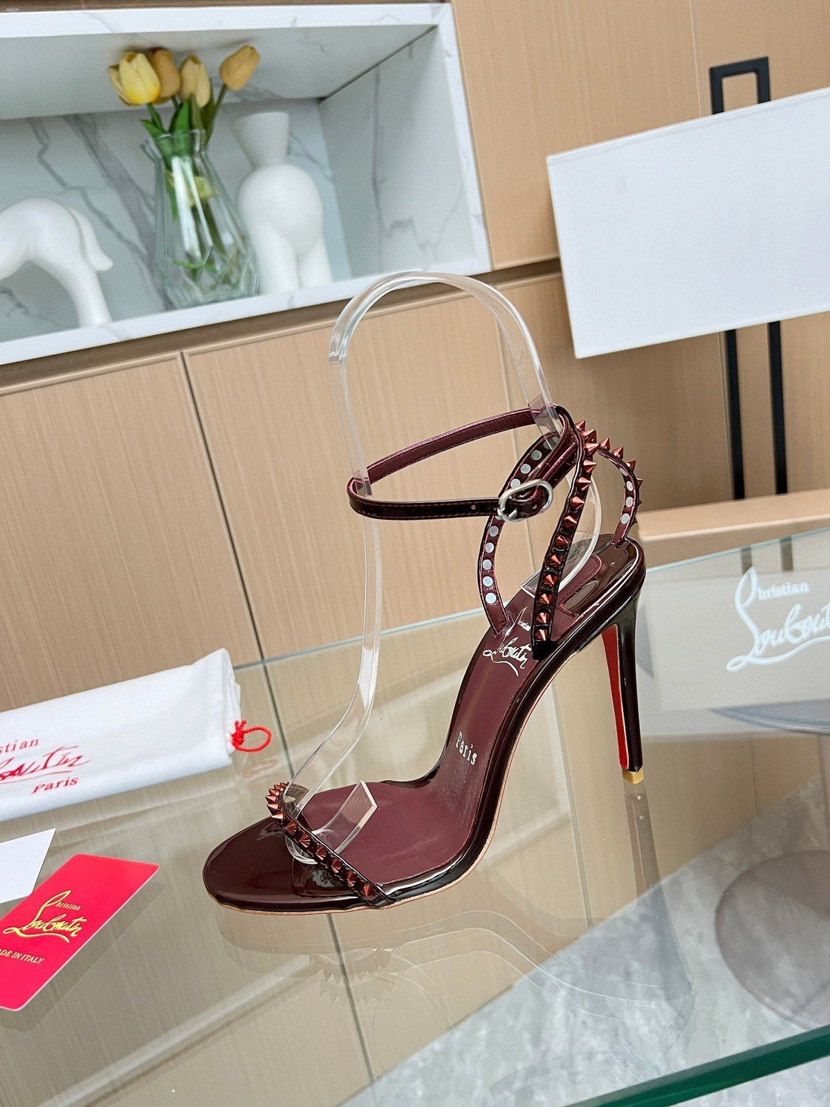 CL So Me 105 mm Strappy Sandal Dark Wine Red Imported Rivets with Sheepskin 251019