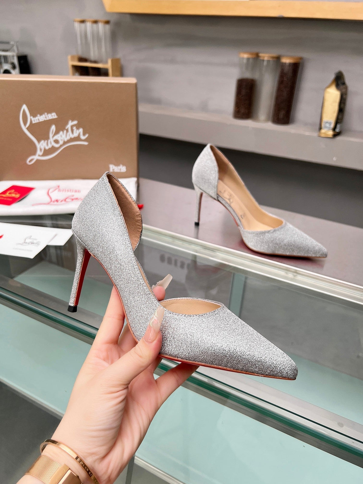 Cl Iriza 85mm Pumps Glittered Calf Leather Silver