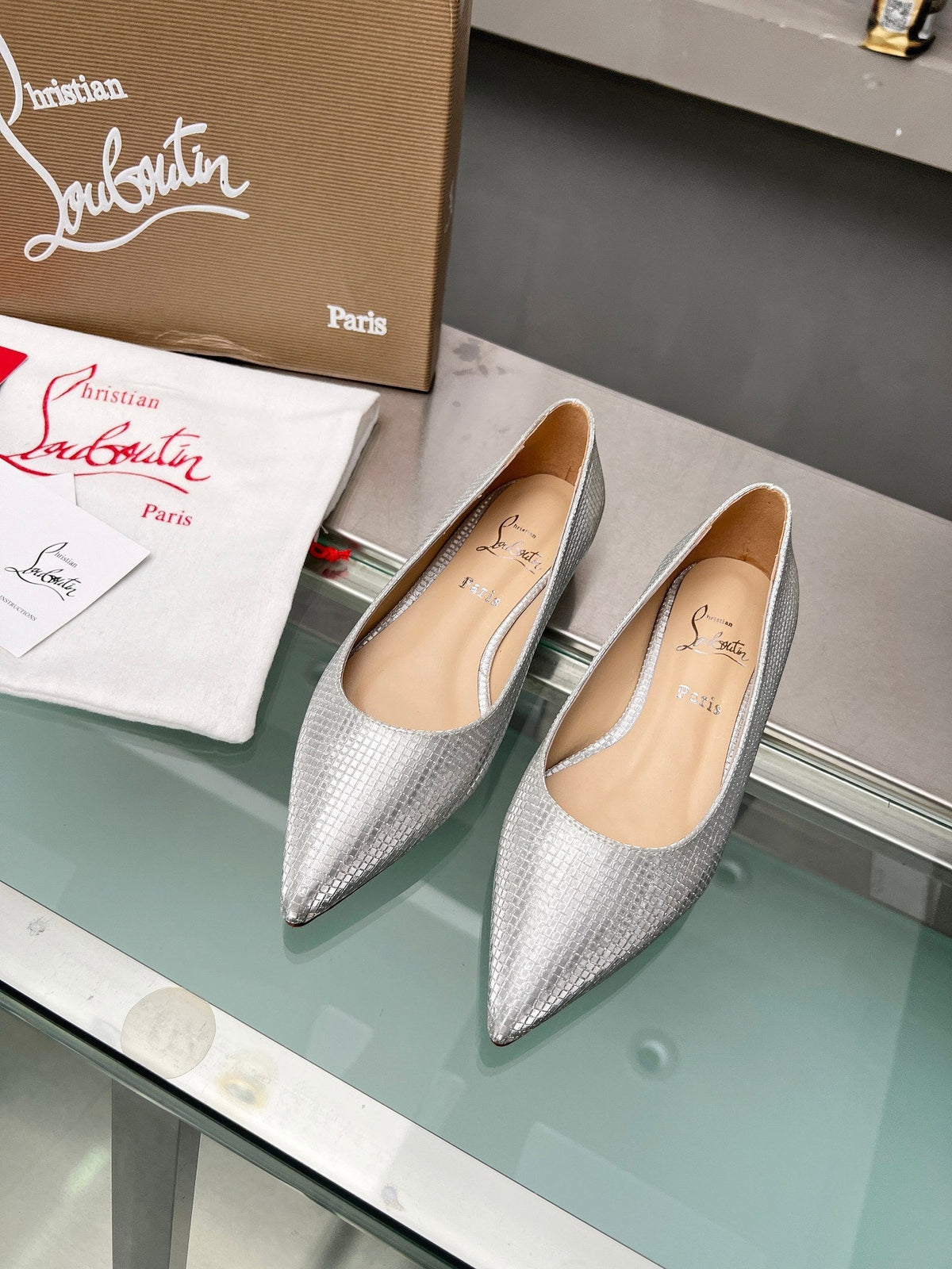 CL Kate Ballerina Flats Sequin Fabric Silver