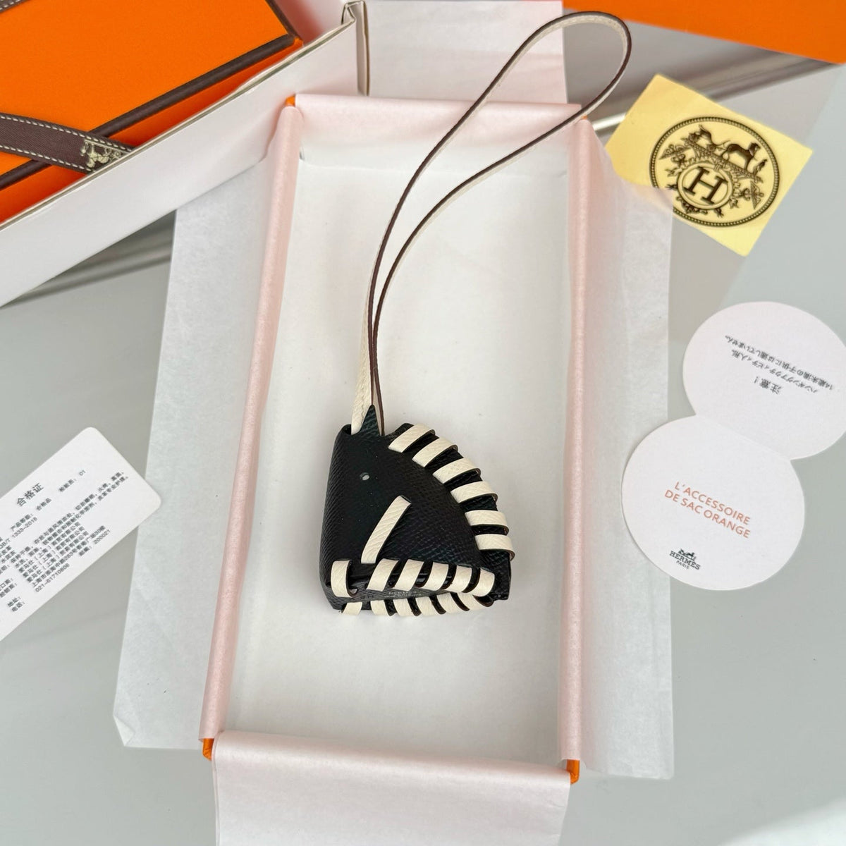 HM Horse Head Charm Black White Calfskin