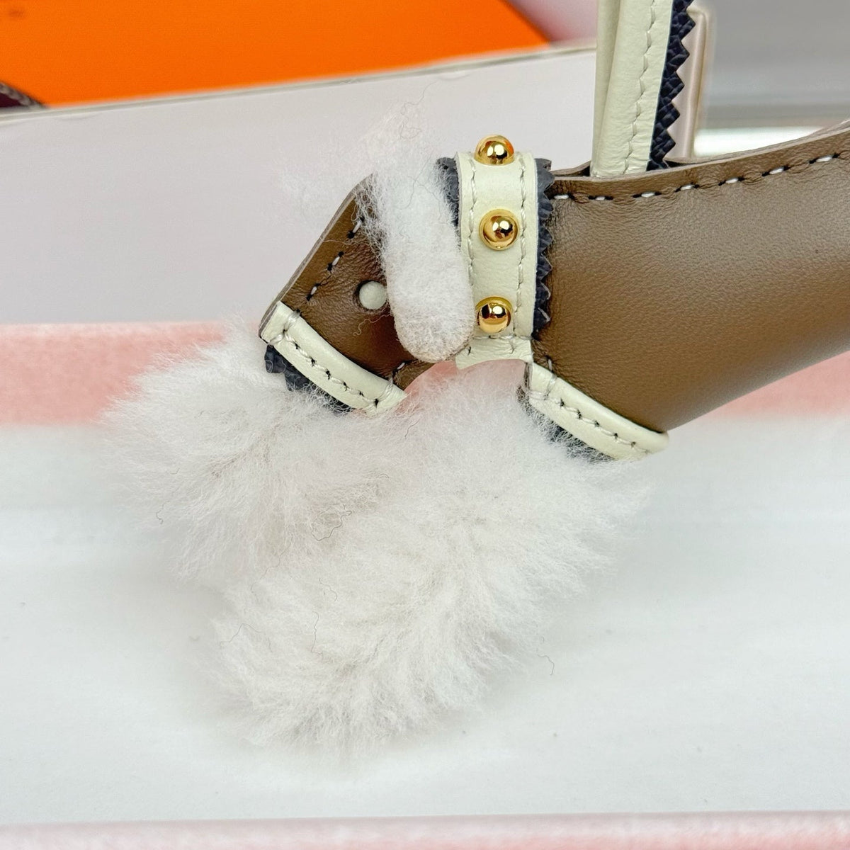 HM Budy Puppy Pendant Charm White Taupe Wool Cowhide