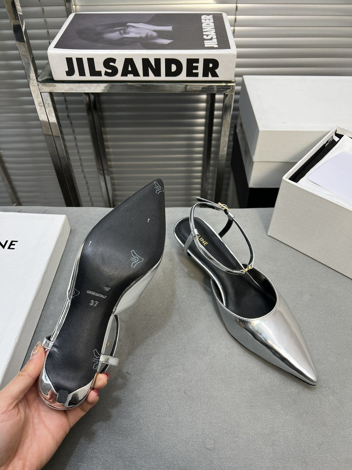 cl kitten 50 silver metalic calfskin
