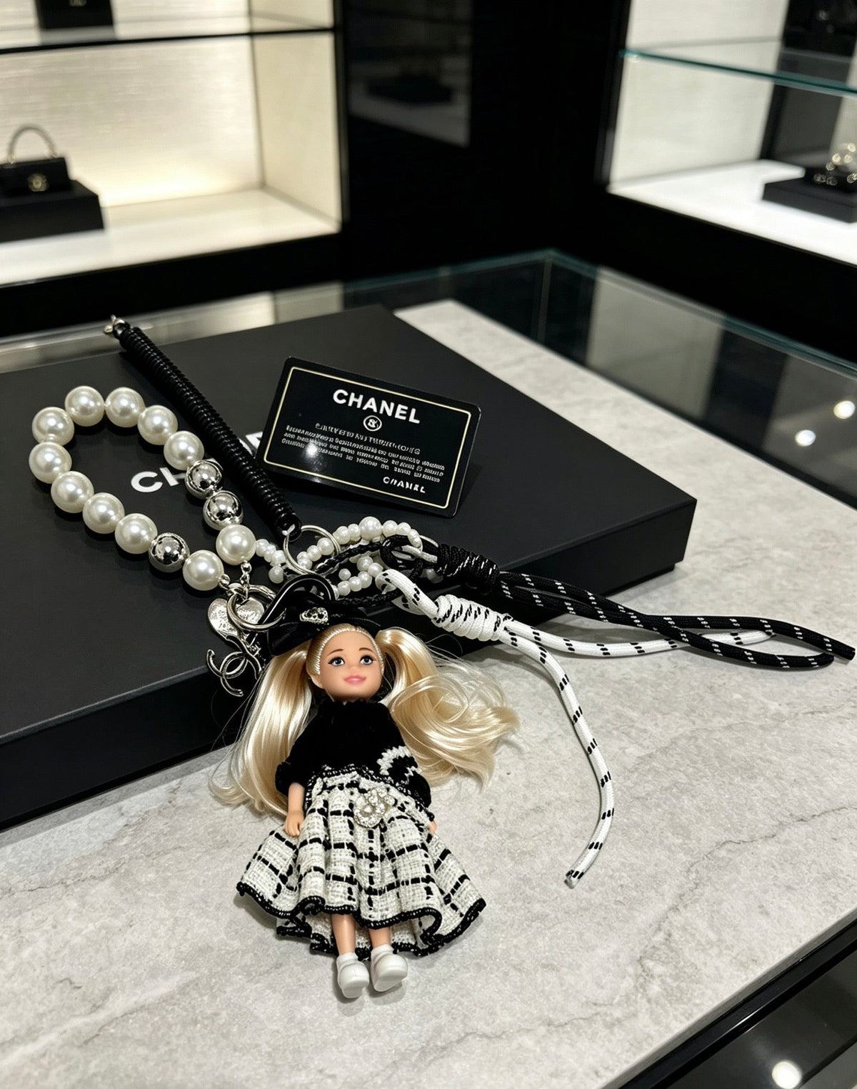 Chanel Black White Pearls Doll Charm