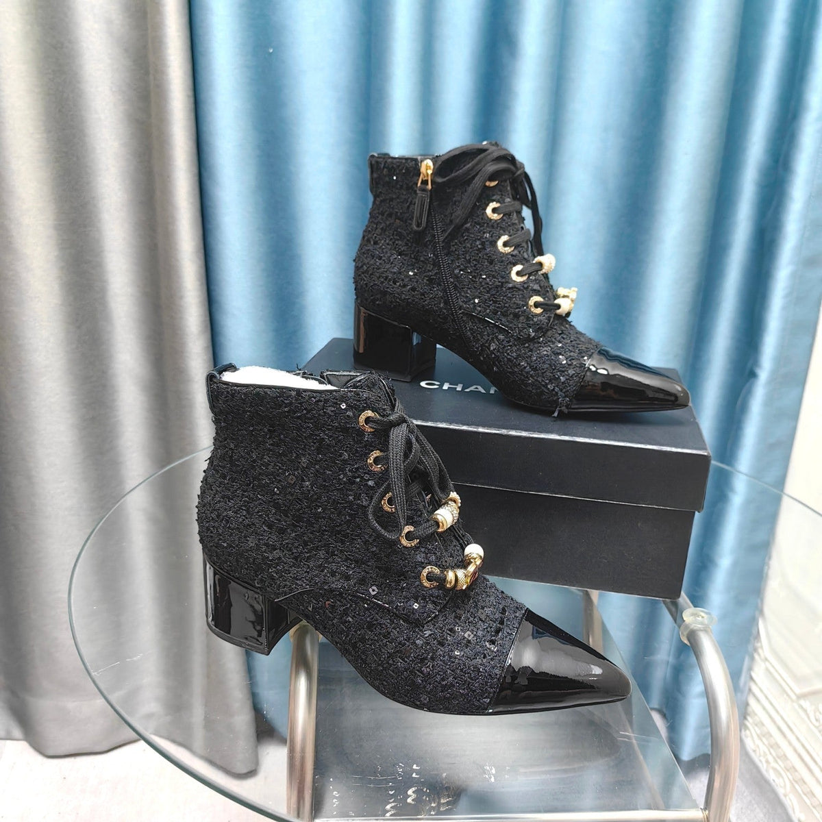 CC Ankle Boots Black Tweed Fabric And Lambskin
