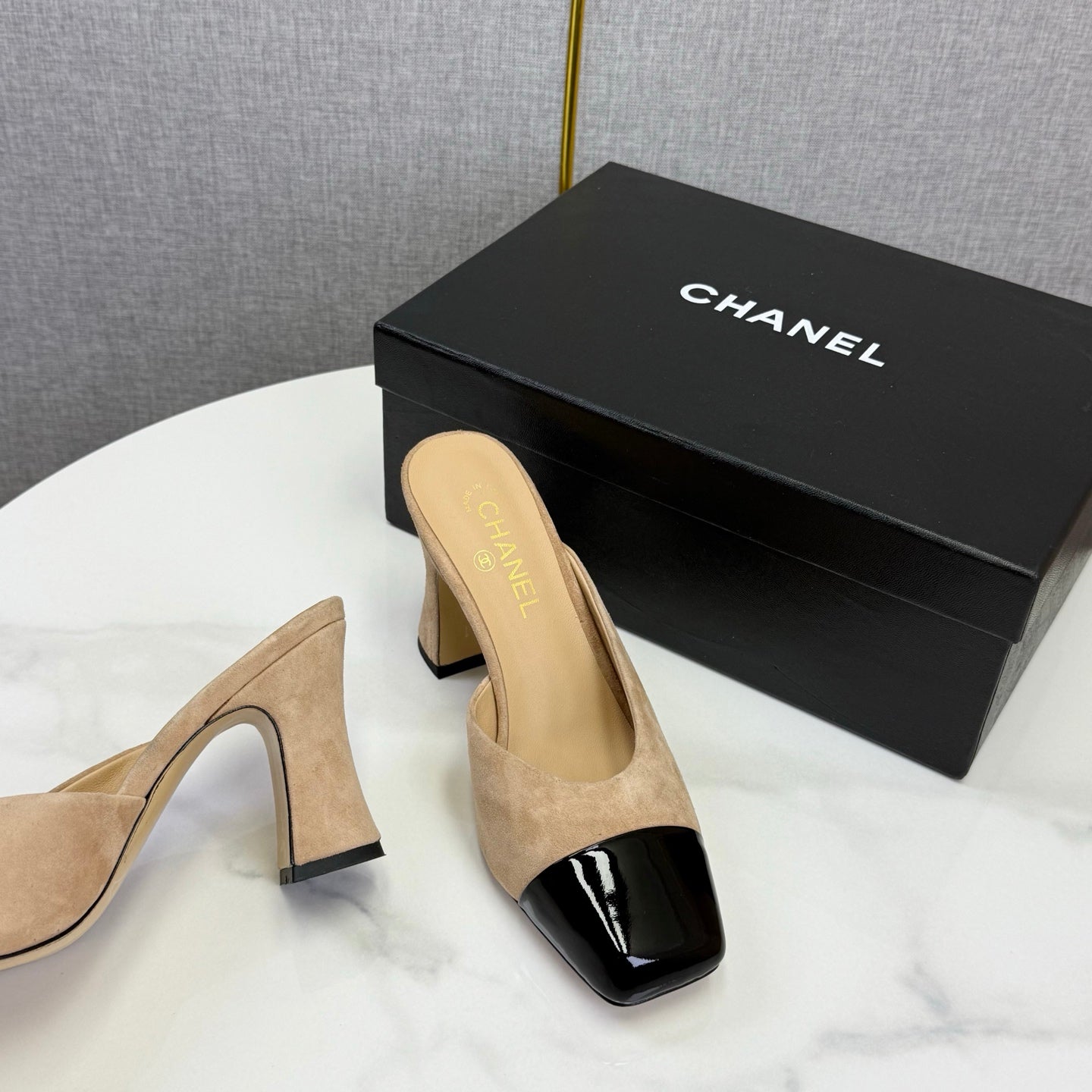 Chanel 2026 Double C Square-toe Sandal 70mm Beige Black Suede Leather 619768