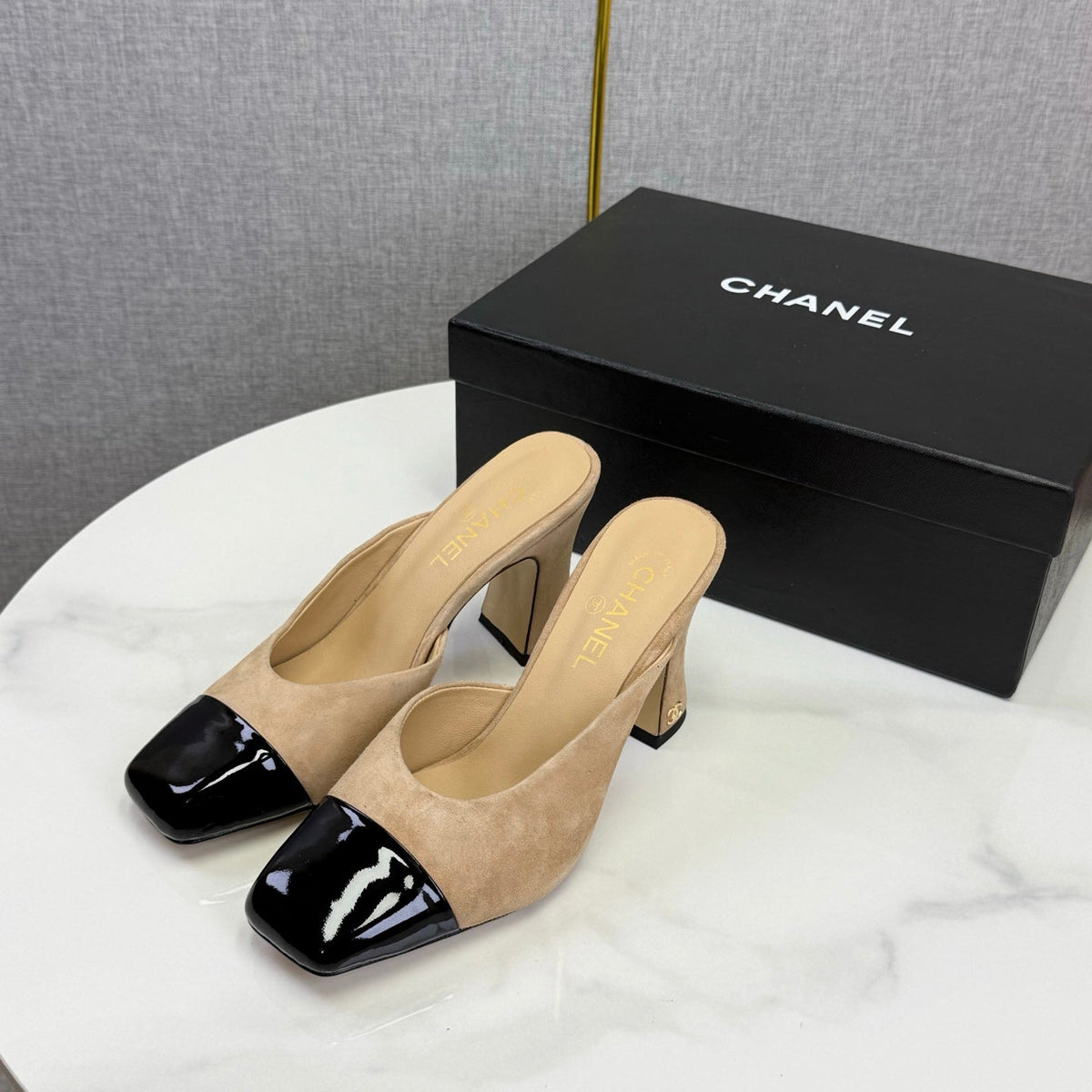 Chanel 2026 Double C Square-toe Sandal 70mm Beige Black Suede Leather 619768