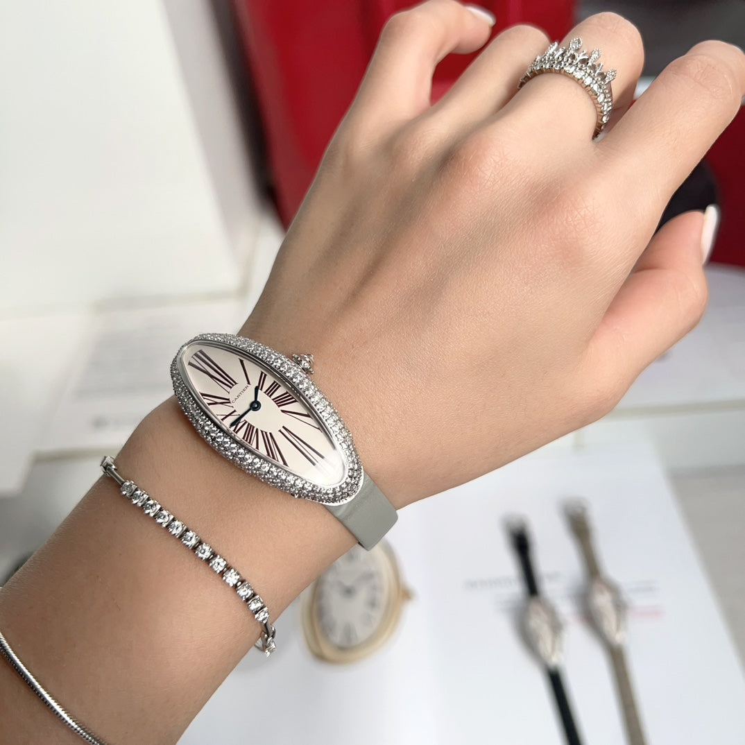 Vintage Baignoire 21mm Silver Diamond Case Grey Leather