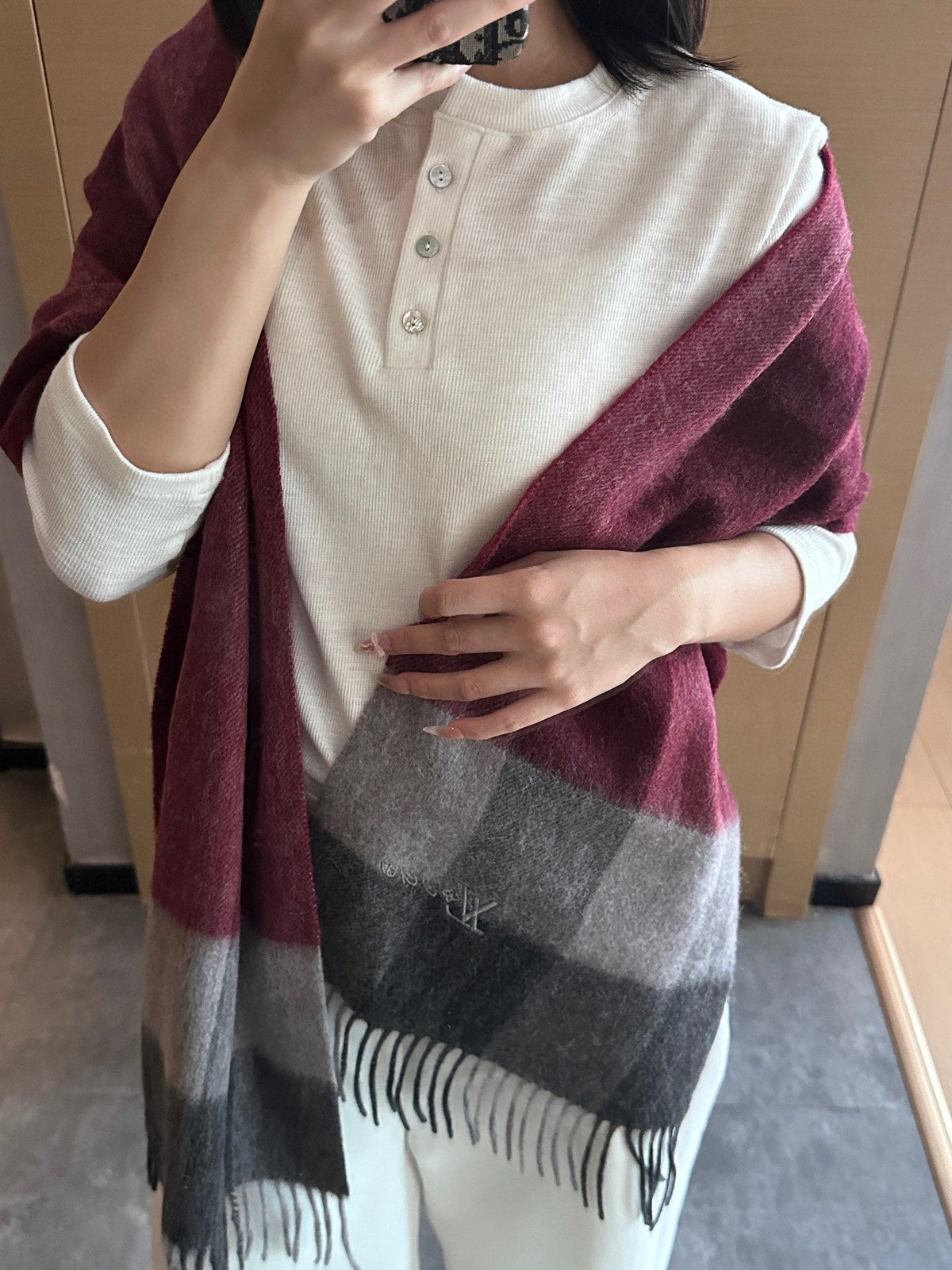 LV Scarf 185cm Burgundy Black Gray Wool Cashmere 977002
