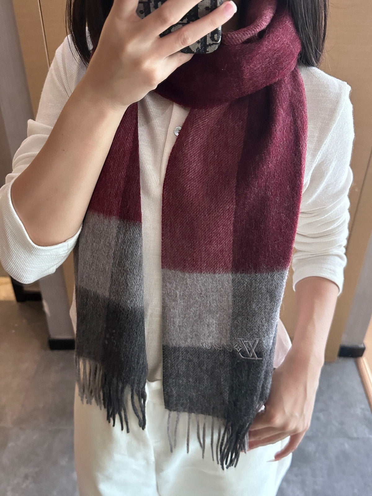 LV Scarf 185cm Burgundy Black Gray Wool Cashmere 977002
