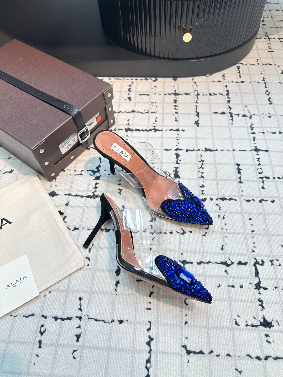 Alaia Heart With Crystals 90mm Heels Mules Dark Blue Sheepskin 800948