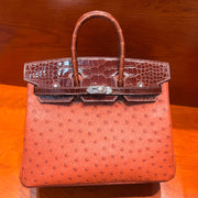 High-end Hermes 2026 Birkin 25cm Brick Red Crocodile/Ostrich Leather