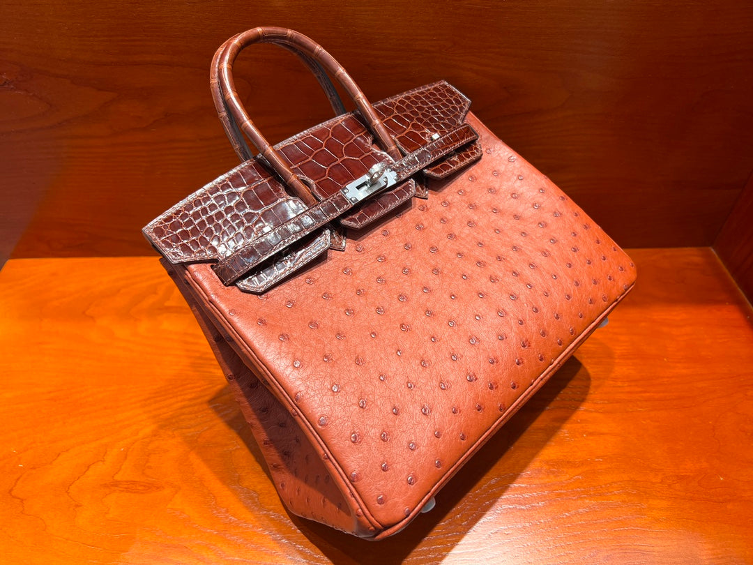 High-end Hermes 2026 Birkin 25cm Brick Red Crocodile/Ostrich Leather