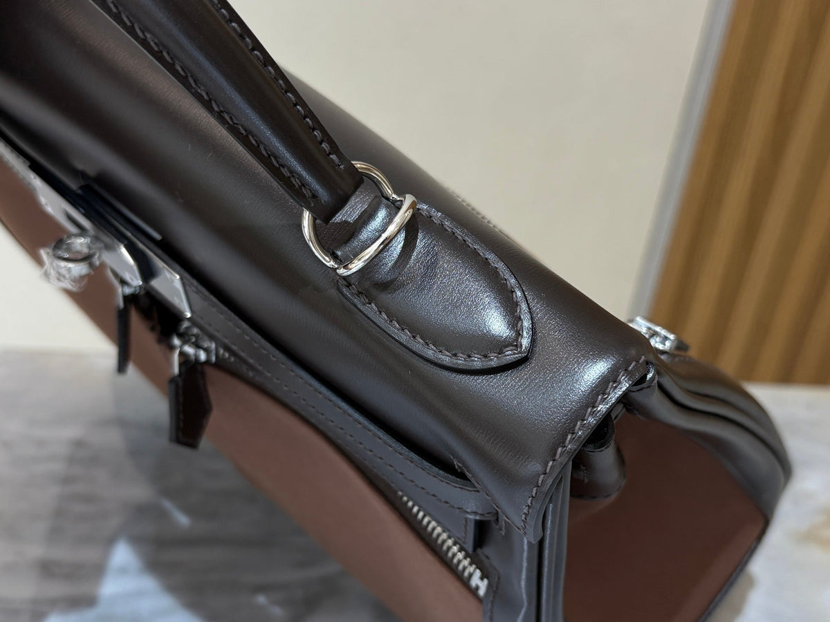 High-end Hermes 2026 Kelly Lakis 32 Bag Black Brown Box Leather And Canvas