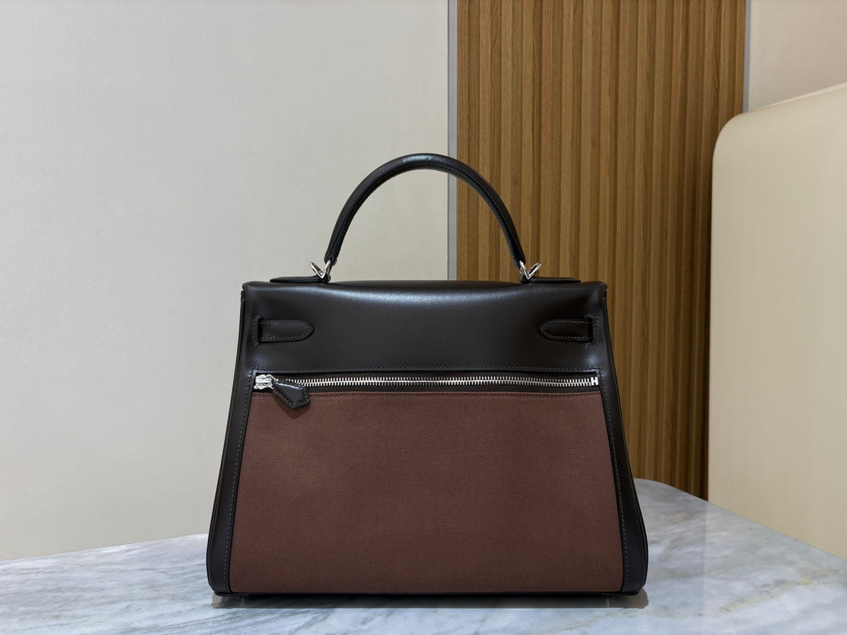 High-end Hermes 2026 Kelly Lakis 32 Bag Black Brown Box Leather And Canvas