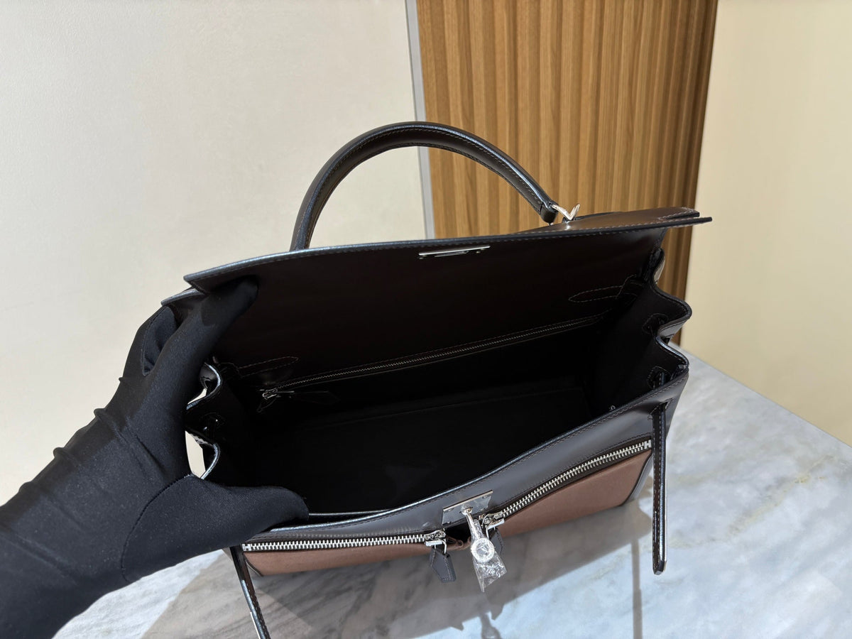 High-end Hermes 2026 Kelly Lakis 32 Bag Black Brown Box Leather And Canvas